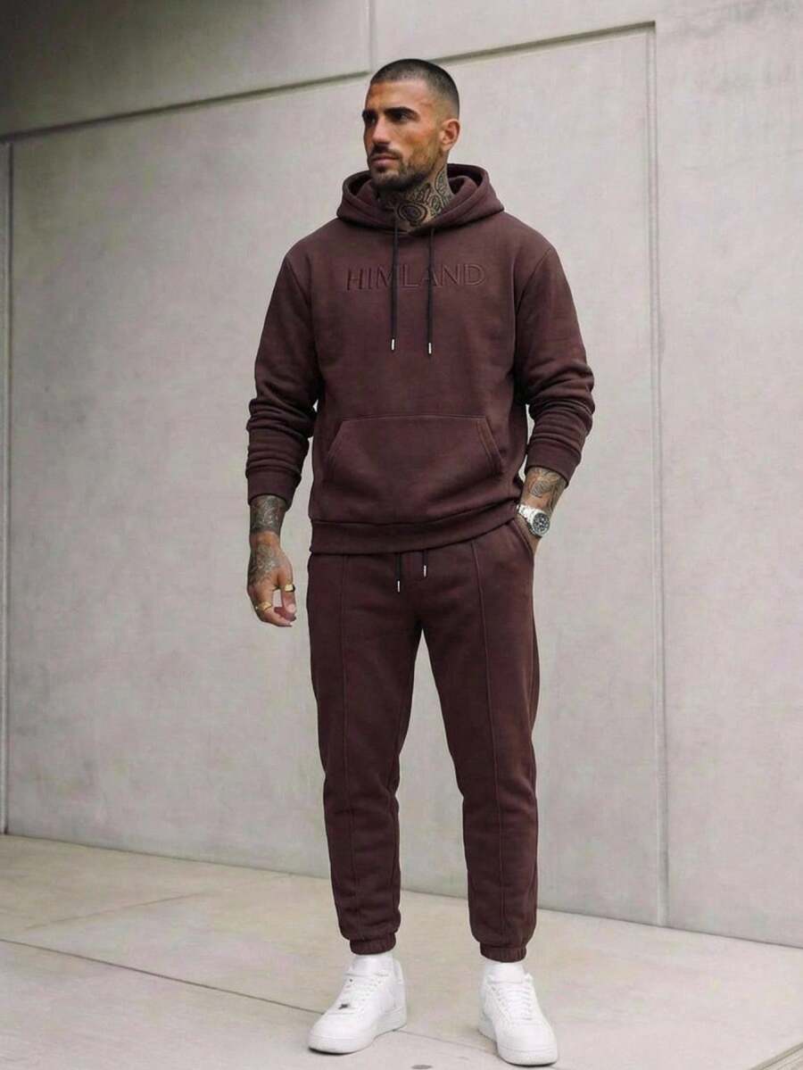 Manfinity VCAY Men's Casual Embossed Hoodie Set - Coffee Brown - View 1