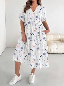 SHEIN Essnce Vestido casual de vacaciones con estampado floral de manga corta para mujer de talla grande, adecuado para primavera y verano, vestido negro - Multicolor - Ver 4