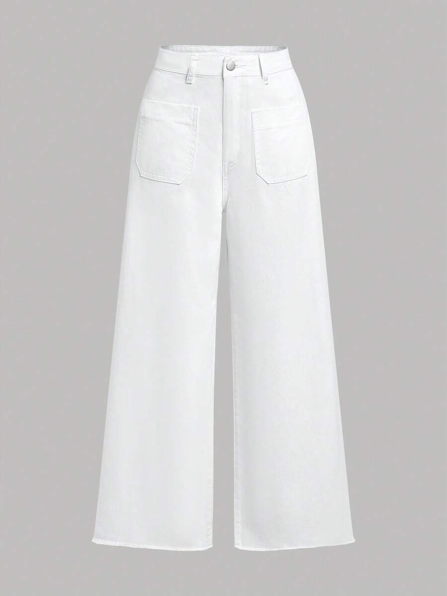 SHEIN PETITE CURVE Plus Size Women Solid Color Button Casual Versatile Daily Wear Denim Jeans Brunch Formal Allover White Summer - White - View 1