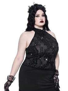 ROMWE Goth Plus Size Patchwork Embroidered Fitted Fashionable Camisole - Black - View 4