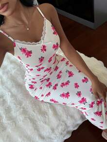 DAZY Floral Print Ruched Fitted Long Dress, Women's Summer Sleepwear - White - View 6