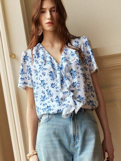 Écloséra French Retro New Spring Summer Blue & White Floral Print Shirt For Women, French V-Neck Lace Ruffle Puff Sleeve Loose Chiffon Short Sleeve Top, French Gentle Style Floral Blouse, Blue And White Porcelain Print Lace Top, Blue & White Floral Lace Shirt, French Ruffle Top, Lace V-Neck Vacation Floral Top, All Season Outing Shirt For Women, Date & Vacation Summer Outfit Shirt, Elegant Party Shirt, Women Casual Top, Women Holiday Outfit Shirt, Women Luxury Top, Women Office Formal Shirt, Business Social Top, Formal Shirt, Ruffle Shirt, Floral Top, Women Shirt, Elegant Party Shirt, Beach Top, White Top, White Shirt, Blue Shirt, Blue & White Top, V-Neck Shirt