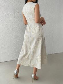 Modelyn Women's Elegant Champagne Sleeveless V-Neck Floral Embroidered Mid-Length Dress - Apricot - View 2