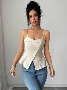 Elenzga 新款春夏休闲时尚百搭收腰A字吊带背心，独特百搭美丽女士吊带背心，春夏款 - 杏色 - 查看 4