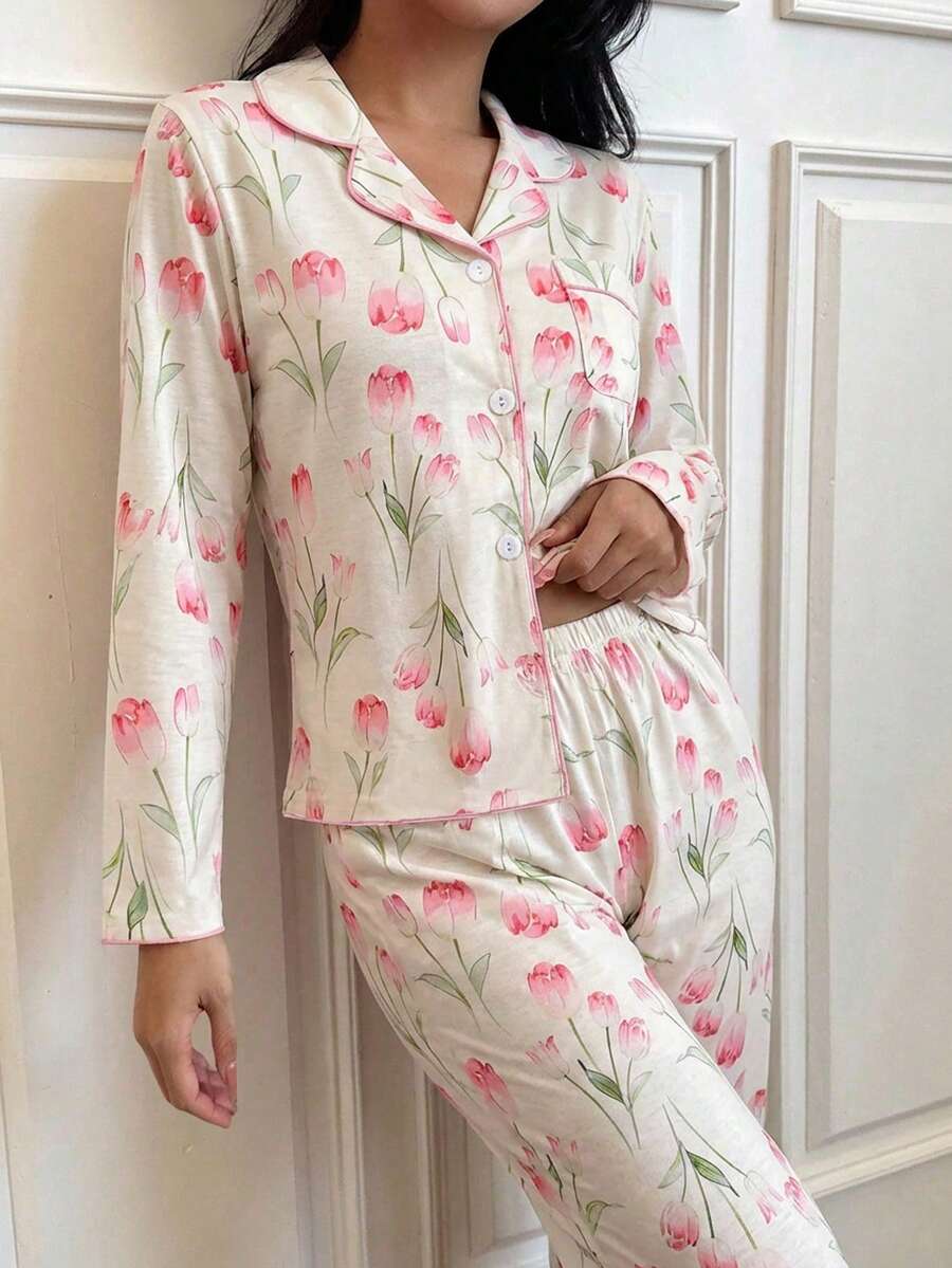 Genkimix Kids Girls Floral Print Long Sleeve Cardigan And Pants 2 Pieces Pajama Set, Comfortable Casual Sleepwear Tulip Print Pajama Set - Multicolor - View 1