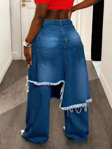 Slaydiva Plus Size Women's Asymmetrical Hem Layered Look Denim Jeans - Medium Wash - View 2