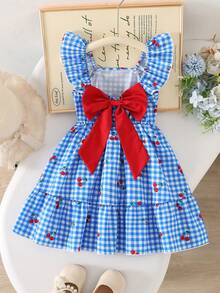 SHEIN Elladie kids 小女孩甜美可爱沙滩度假夏季短袖蝴蝶结装饰连衣裙，适合日常和假日穿着 - 藍色 - 查看 2