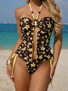 Swim Lushoire Bộ bikini 2 mảnh mùa hè dành cho nữ, kiểu dáng thoải mái, in họa tiết ngẫu nhiên, đính cườm, có dây rút, gồm áo crop top và quần bikini buộc dây bên hông gợi cảm, thích hợp cho kỳ nghỉ biển. - Nhiều màu - Xem 3