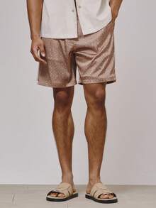 Musero Satin All Over Print Elasticated Drawstring Waistband Silk Short Spring Summer Essentials Beachside Holiday - Apricot - View 3