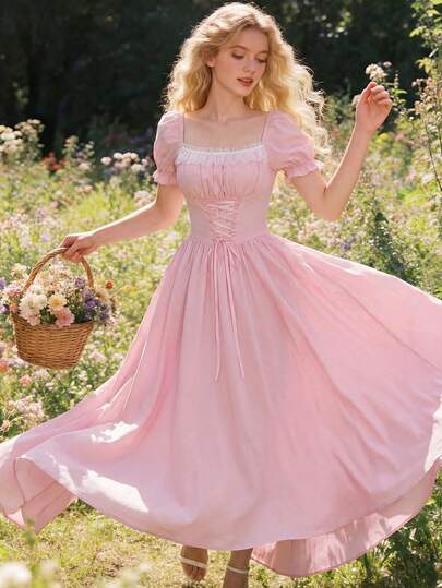 Glamine Charm Vestido largo con estampado floral, mangas de globo, cintura con lazo y encaje patchwork para mujer