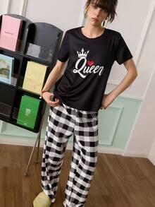 Chillnights 女士格子图案标语圆领睡衣套装 - 彩色 - 查看 5