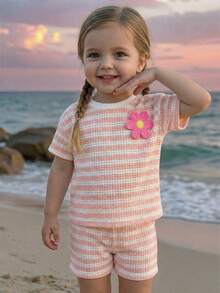 LMoss Kids Set 2 Potong Baju dan Celana Pendek Rajut Bergaris Leher Bulat untuk Bayi Perempuan - Berwarna merah muda - View 3