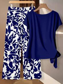 EMERY ROSE Plus Size Women 2-Piece Set: Solid Color Short Sleeve Top And Botanical Print Wide Leg Pants, Vacation Outfit - Multicolor - View 2