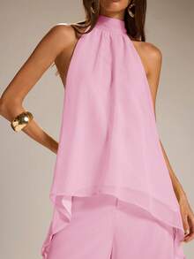 SHEIN BAE Bộ đồ 2 mảnh màu vàng gồm áo tank top không tay cổ yếm, chất liệu xuyên thấu, kiểu dáng bất đối xứng và quần ống rộng bằng vải lanh, phong cách tối giản, thích hợp cho mùa xuân/hè. - Màu Hồng baby - Xem 6