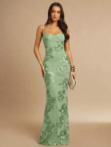 Fitted Strappy Dress With 3D Floral Print - Champagne - View 3