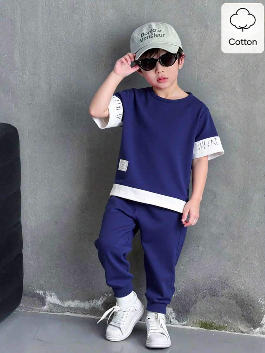 SHEIN Genkimix Kids 男童字母印花圆领短袖运动T恤和抽绳运动裤套装，休闲运动风，适合日常穿着、运动、度假、节日、夏季等场合。 - 藍色 - 查看 1