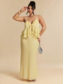 SHEIN BAE 大码女式黄色荷叶边吊带背心和长裙两件套，优雅性感沙滩度假装，大码两件套，沙滩度假套装 - 黃色 - 查看 3