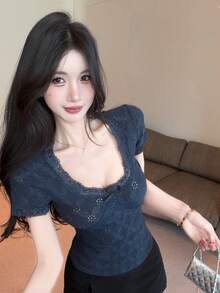 DAZY 女士蕾丝拼接方领短袖纹理休闲T恤，少女风，春夏款 - 藏蓝色 - 查看 7