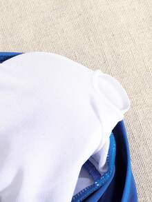 SHEIN Maiô de uma peça com decote em U e detalhes metálicos, cor sólida, ideal para meninas pré-adolescentes, perfeito para férias de verão na praia e para nadar. - Azul - Ver 4