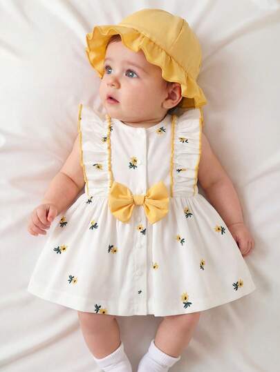 SHEIN 夏季新生女宝宝蓝色圆领荷叶边卡通印花无袖连衣裙，配蓝色帽子，优雅可爱