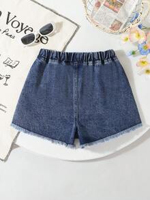 SHEIN Genkimix Kids 少女Y2K风格牛仔裤，复古褪色牛仔布，毛边裤脚，五角星刺绣，宽松版型牛仔短裤，面料柔软舒适，百搭，女童牛仔裤 - 深色水洗藍 - 查看 3