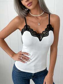 EMERY ROSE Sexy V-Neck Lace Trim Fitted Camisole - White - View 3