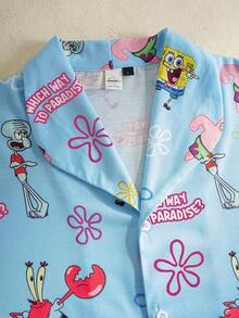 SpongeBob SquarePants | SHEIN 男士卡通印花睡衣套装 - 淺藍色 - 查看 3