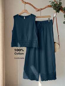 Rusticease Plus Size Women's 2pc Set Navy Blue Summer Boho Vacation Holiday,Lace Patchwork Round Neck Sleeveless Top And Wide Leg Pants,Comfortable - Dusty Blue - View 3