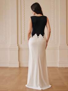 ZEYLAH Elegant Lace Patchwork Colorblock Fitted Dress, Spring/Summer - Black and White - View 3
