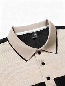 EGENSIO Men's Knitted Jacquard Solid Color Contrast Texture Ribbed Collar 3-Button Polo Suit - Apricot - View 7