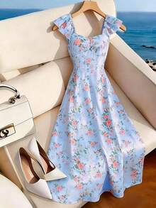 Trelyra 喇叭袖方领露背拉链腰部印花长裙，适合春、夏、秋、冬四季穿着，适合度假，优雅女士休闲连衣裙，百搭日常穿着、约会、通勤皆宜，蓝色印花连衣裙也适合办公室、派对、海滩等场合。 - 藍色 - 查看 4