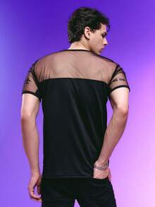 DSELFIQUE Men's Solid Color Mesh Splice Round Neck Short Sleeve Casual T-Shirt - Black - View 11