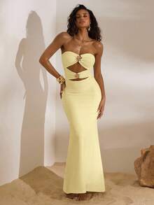 Opulessa Solid Color Knit Fitted Strapless Hollow Out Fishtail Dress For Women, Spring/Summer Vacation,Summer Dresses For Women - Light Yellow - View 4