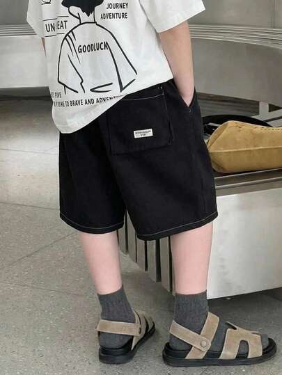 Tween Boy Casual Comfortable Daily Collegiate Style Korean Fashion Minimalist Contrasting Color Denim-Look Shorts, Suitable For Spring/Summer, Daily Wear, Sports, Outings, School, Gatherings, Holidays, Photoshoots, Back-To-School Season