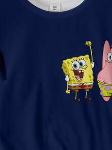 SpongeBob SquarePants | SHEIN Áo thun ngắn tay cổ tròn in chữ và hoạt hình dành cho bé trai tuổi teen - trắng - Xem 4