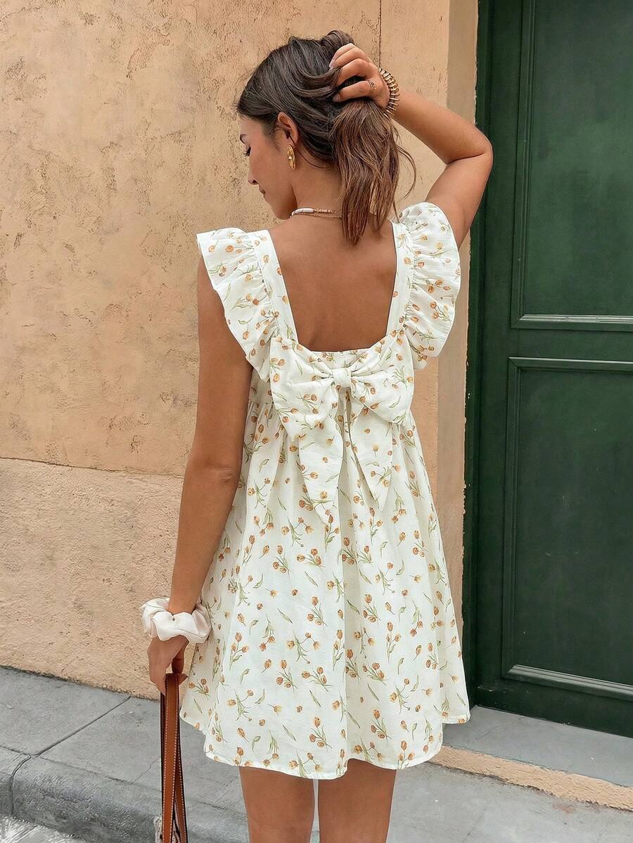 Serisse Đầm ngắn nữ mùa hè, kiểu dáng thường ngày, họa tiết hoa nhí, cổ vuông, bèo nhún, tay lửng. - Vàng nhạt - Xem 1