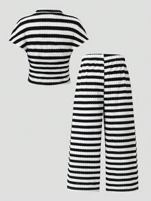 SHEIN 2件套女童针织刺绣条纹圆领休闲T恤和裤子套装 - 彩色 - 查看 4
