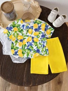 2件組女嬰夏季套裝 可愛檸檬葉印花白色T恤 & 黃色短褲套裝 寬鬆舒適休閒度假穿搭 適合戶外 - 彩色 - 查看 6