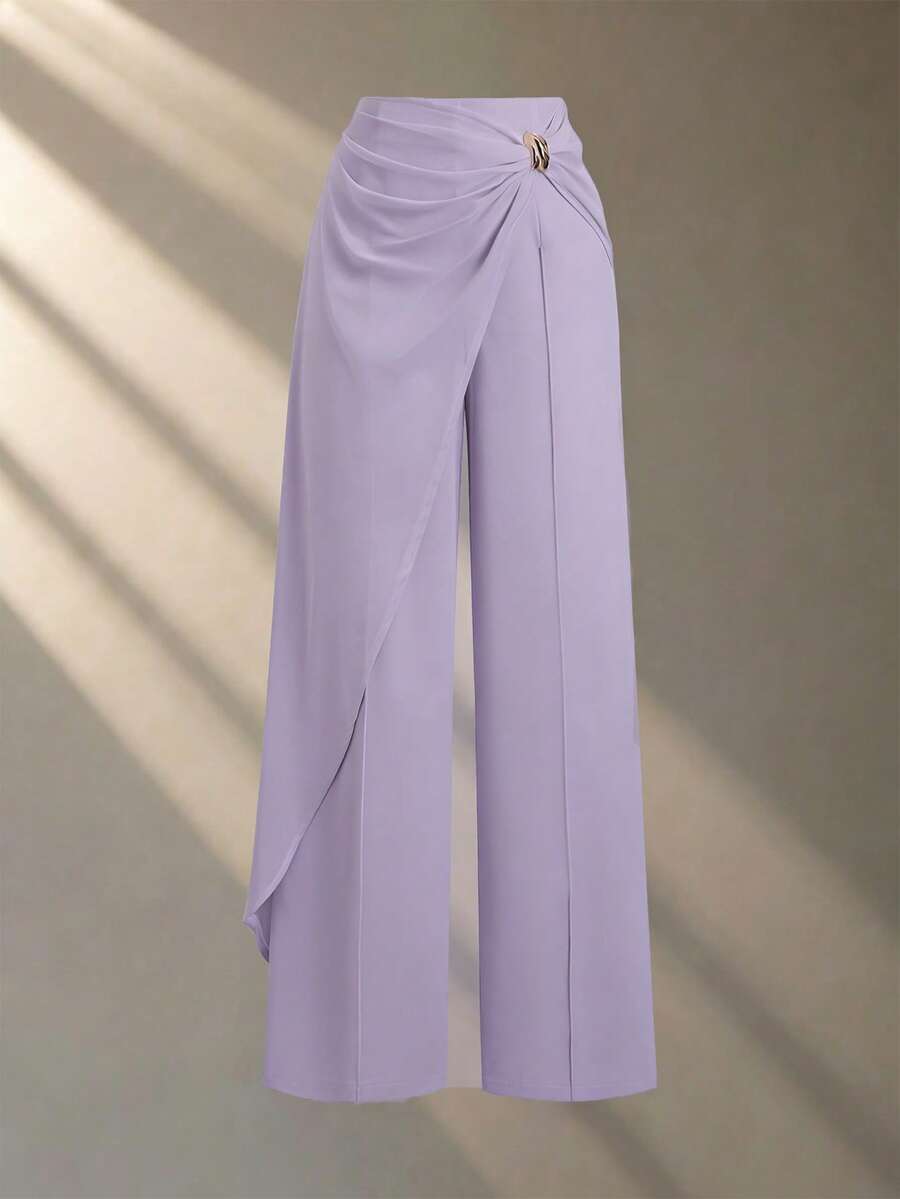 Franclia 女士白色直筒裤，休闲裤，办公裤，雪纺裤，垂坠裤，柔软裤，金属纽扣裤，百搭裤，飘逸裤，不对称裤，春夏款 - 淡紫色 - 查看 1