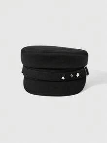 ROMWE Grunge Punk 1 pieza Gorra de béisbol negra para mujer con bordado de estrella, estilo vintage inglés, nuevo estilo navy, gorra de estilo newsboy coreano - A - Ver 2