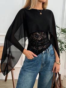 Easowa Áo kiểu nữ màu đen bằng vải chiffon phối ren tương phản, kiểu dáng thời trang phù hợp cho đi làm, dự tiệc nhỏ, mặc hàng ngày, mùa xuân/hè. - màu đen - Xem 2