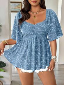 Vionelle Damen Große Größen Casual Urlaubs Polka Punkt Muster Herzausschnitt Flatterärmel Geraffter Büste Babydoll Top, Frühling/Sommer - Graublau - Übersicht 7