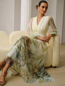 ZEYLAH Women's Elegant V-Neck Patterned Mesh Dress, Summer - Green - View 2