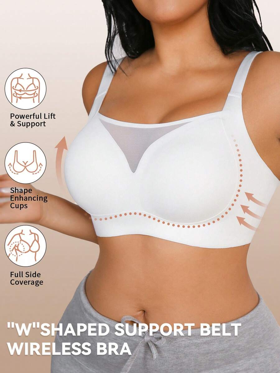 NudeFit Plus Size Seamless Wireless Bra, Comfortable Lace Patchwork Padded Bra With Wide Straps, Daily Wear Wedding - White - View 1