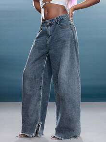 Denimoi Quần jeans ống loe rách đường may, quần jeans ống loe thời trang. - Rửa trung bình - Xem 7