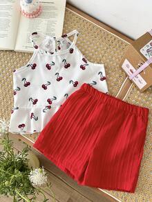SHEIN 2pcs Baby Girl/Newborn 0-3Y Spring/Summer Dopamine Vibrant Color Vacation Sleeveless Top + Shorts Set, Baby Girl Spring/Summer Outfit - Red - View 5