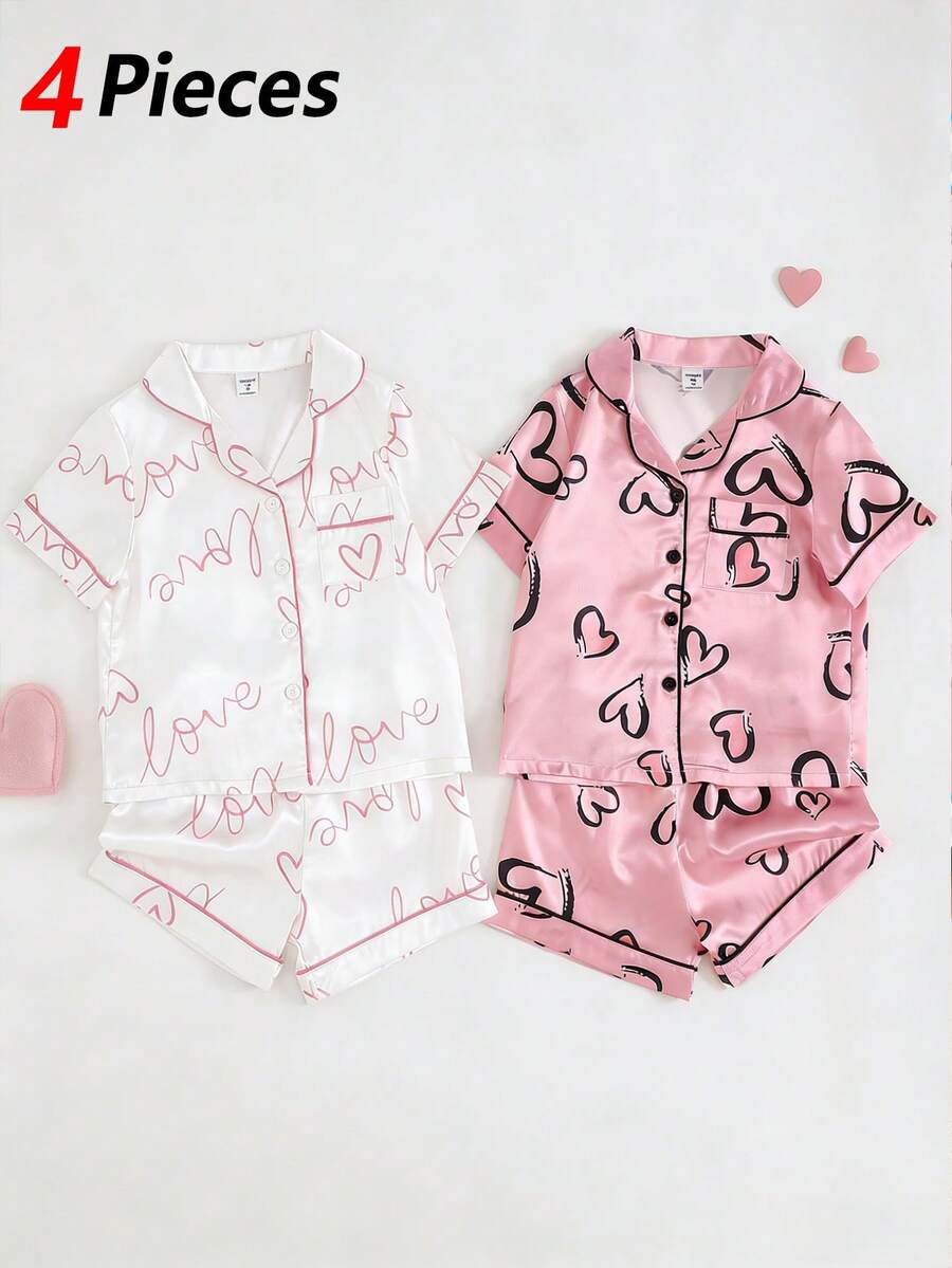 SHEIN Playful Pals 四件套女童幼儿睡衣套装,翻领短袖短裤,夏季假日白色粉色爱心字母印花家居服,休闲居家服,仿丝绸缎面柔软舒适透气亲肤顺滑轻盈,纽扣设计,时尚现代睡衣套装,适合25度以上气温,营造俏皮慵懒的氛围。 - 彩色 - 查看 1