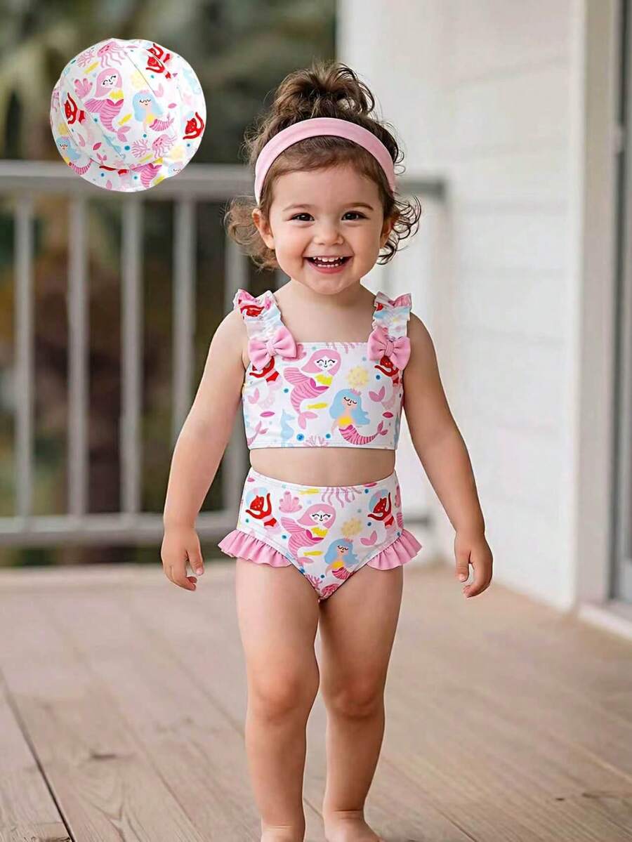 Baby Girl Cartoon Graphic Bow Detail Ruffle Trim Bikini Swimsuit With Headband - Multicolor - View 1