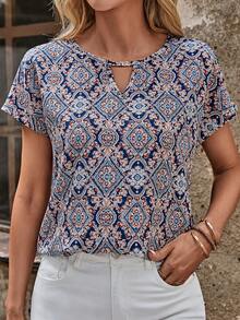 Faunlyn Women's Floral Print Keyhole Neck Batwing Sleeve Casual Shirt For Holiday,Short Sleeve Tops - Multicolor - View 3