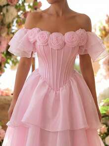 Glamrae Đầm dạ hội sang trọng, thanh lịch màu hồng phối satin và organza, thêu hoa 3D thủ công, tay trễ vai, dáng rộng với vạt dài, thích hợp cho nữ. - Màu Hồng baby - Xem 5